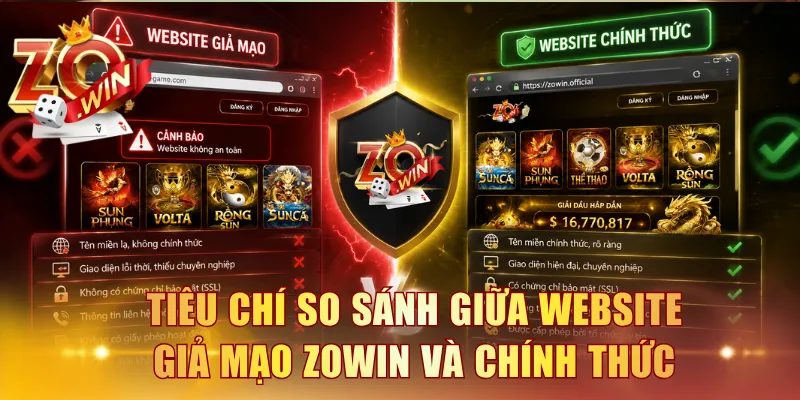 Các tiêu chí so sánh giữa website giả mạo ZOWIN và chính thức